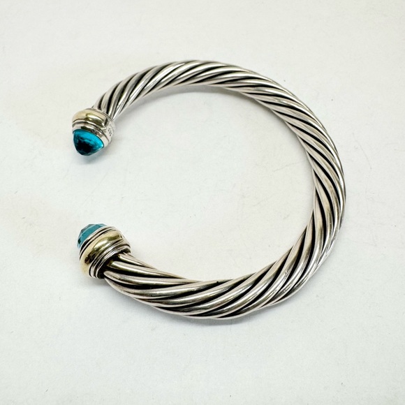David Yurman 7mm Blue Topaz Cable Classic Cuff Bracelet .925/14K - Picture 4 of 10